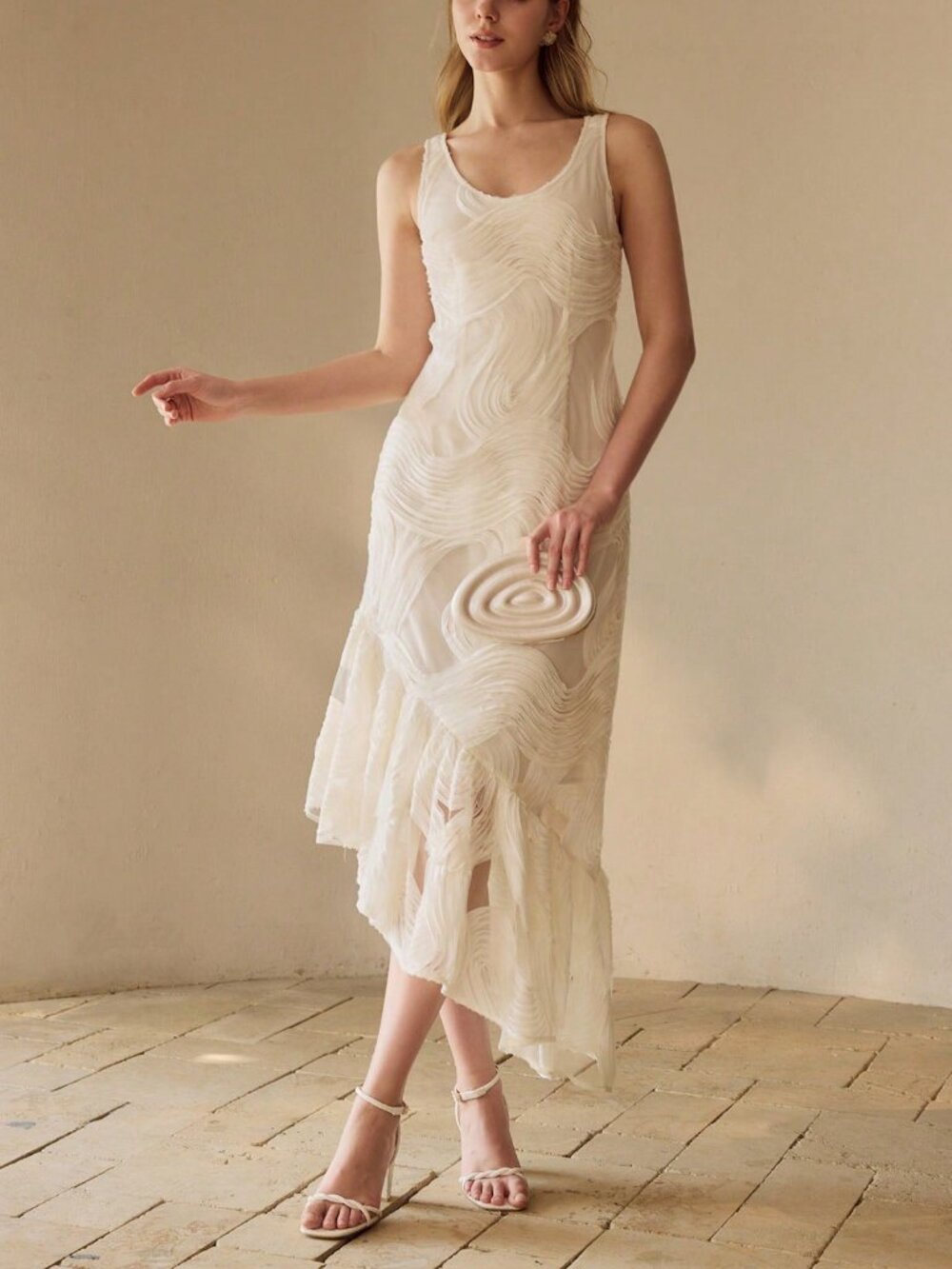 Apricot Elegant Asymmetrical Ruffle Hem Tie-Back Cinched Waist Women's Dress - Picture 5 of 7